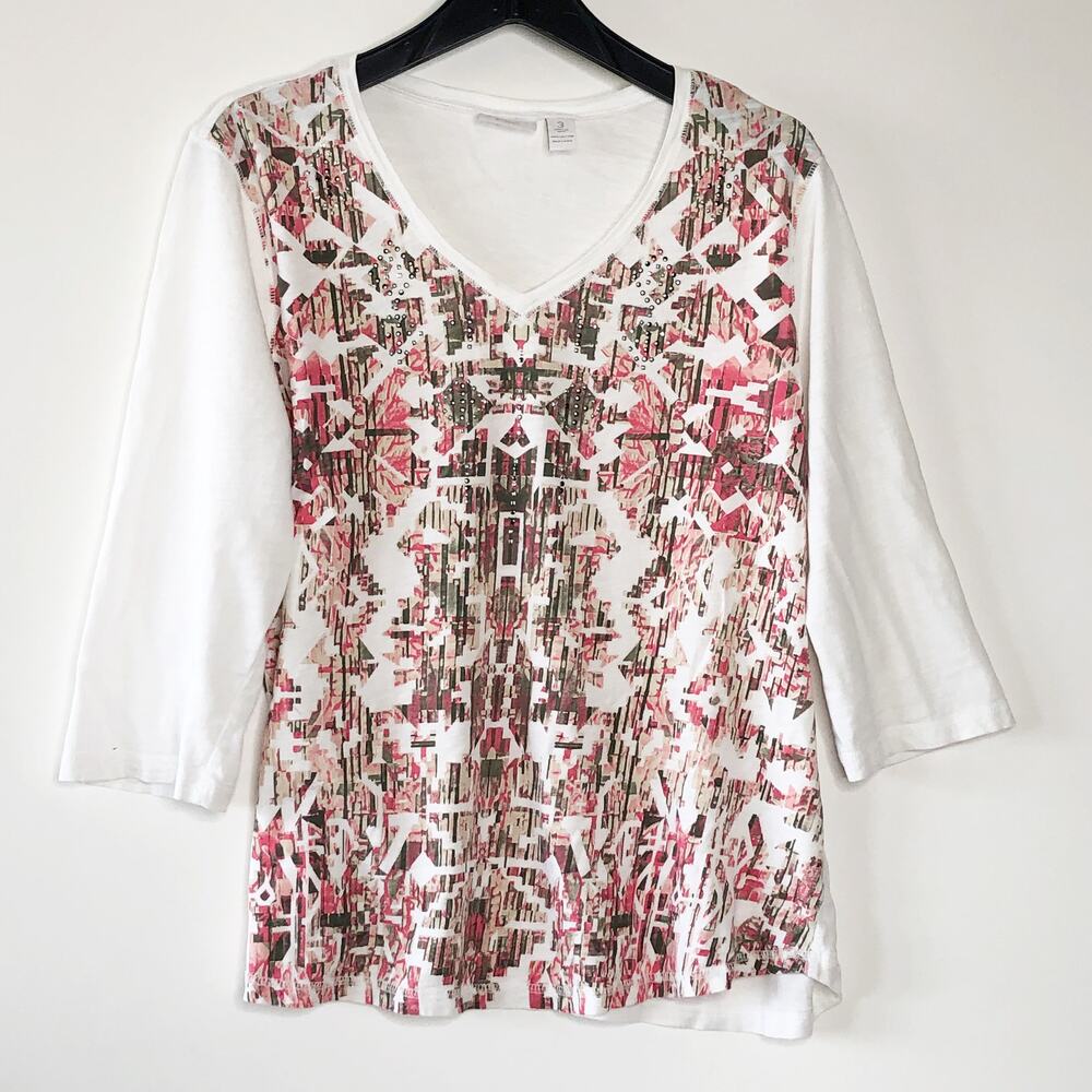 Chicos Weekends Size 3 | XL | Top V Neck Floral Tee 3/4 Sleeve T-Shirt Stretchy